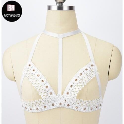 White Lace Flower Bondage Harness Belt Women Crop Top Wear Body Harness Bralette Sexy Goth Lingerie Harness Cage Bra