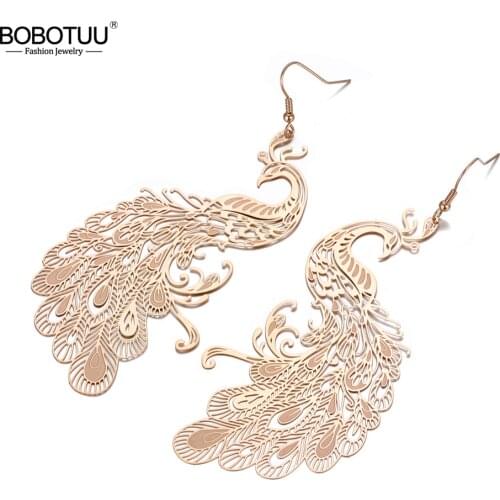 BOBOTUU Fashion Stainless Steel Animal Peacock Earrings Jewelry Rose Gold CZ Crystal Dangle Earrings For Women Girls BE19237
