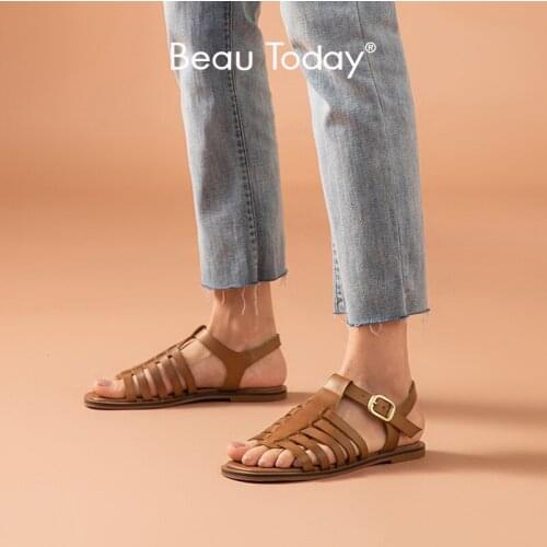 BeauToday Gladiator Sandals Women Genuine Cow Leather Open Toe Ankle Strap Flats Metal Buckle Summer Ladies Shoes Handmade 33052