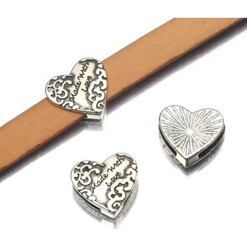 10Pcs Tibetan Silver Heart Flower Slider Spacer Bead For 12mm Flat Leather Cord Diy Bracelet Witchy Jewelry Making Accessories