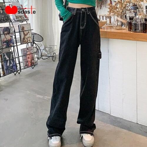 Jeans for Women Full Length Pockets Loose Straight Long Female Pants Vintage Female Denim Trousers Streetwear Black Woman Jeans