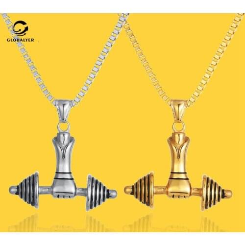 European and American popular jewelry Fitness sport pendant Couple titanium steel Dumbbell necklace Mens birthday gift 258