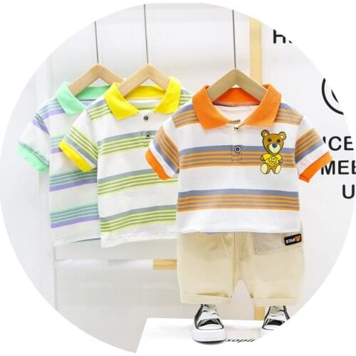 Striped Lapel boys' two piece set short sleeve polo casual pants childrens suit mens suit summer cotton dress