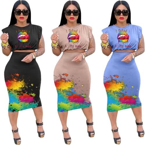 Chiclover Summer Sets Womens Outfits Wholesale Items Splash Ink Two Piece Set Shoulder Pads Tops and Bodycon Skirts Streetwear