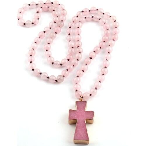 Fashion Bohemian Tribal Jewelry Pink Stones Beads Knotted Cross Necklace For Women