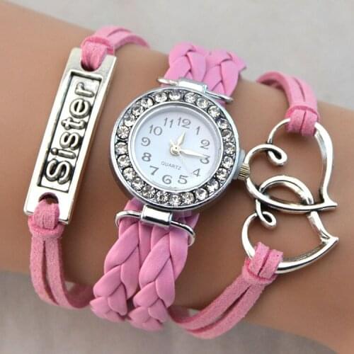 Fashion Simple Women Bracelet Watches Pink Zinc Alloy Sister Love Ladies Wrist Watches Clock