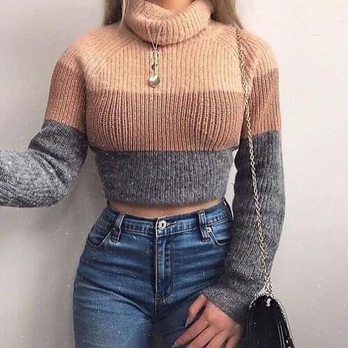 Fashion Womens Turtlenecks Sweaters Striped Long Sleeve Knitted Pullovers Females Jumpers Cropped Sweaters Autumn Winter 2021