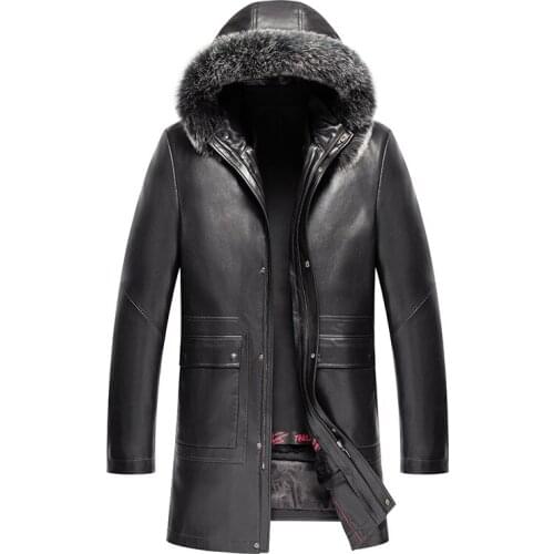 2333 Mens Sheepskin Leather Nick Garment Fox Fur Collar Removable Rabbit Fur Liner Mid-Length Leather Trench Coat