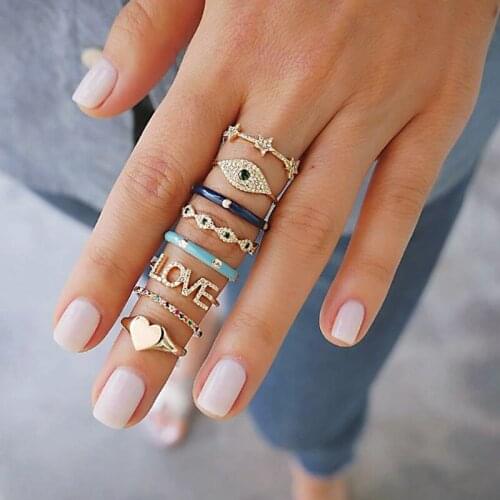 Retro 8 Pcs/set Golden Heart Letters Diamond Geometry Rings Set For Women Girls Finger Ring Gift 2021 Female Jewelry Party