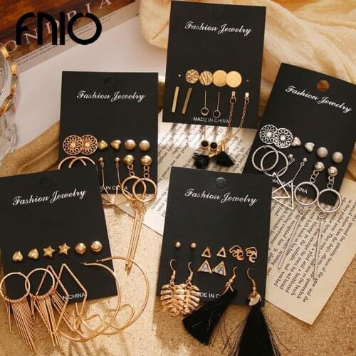 FNIO Pearl Crystal Earring Womens Earrings Set Boho Geometric Flower Tassel Earrings For Women Circle Earings 2020 Jewelry Gift