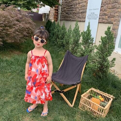 2021 Summer New Girl Chiffon Sweet Dress Korean Style Baby Girl Holiday Style Suspender Dress Kids Flower Print Princess Dresses
