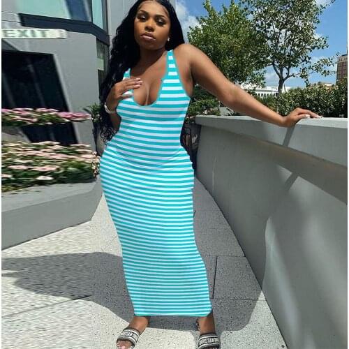 Black White Striped Print Sexy T-shirt Dress Women Little Cleavage Sleeveless Skinny Dress Summer Waist Shaped Bohemian Dress