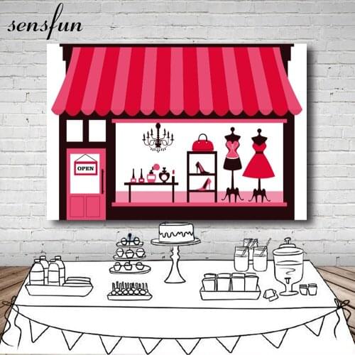 Sensfun Girls Dress Boutique Photography Backgrounds Red Shop Lady Birthday Party Backdrops For Photo Studio Custom Poster