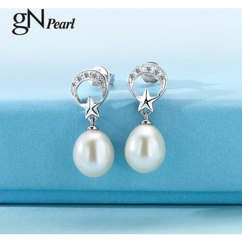 GN Pearl Moon Star 925 Silver Drop Earrings Stud gNPearl 9-10mm White Natural Freshwater Pearl Earrings Stud Women Fine Jewelry