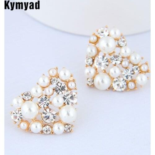 Kymyad Heart Shape Stud Earrings For Women Bijoux Femme Simulated Pearl Jewelry Earrings 2021 Gold Color Earring Crystal Earing