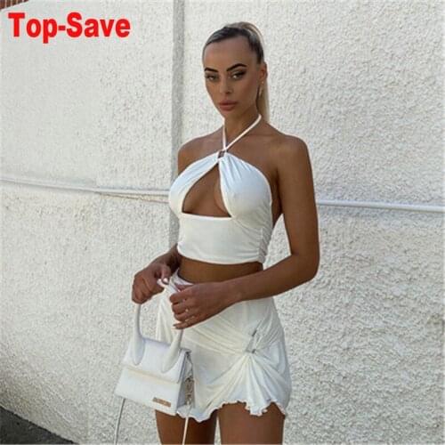 Women Sexy Bodycon Club 2 Piece Set Ruffles Halter Crop Top Summer 2021 New Mini Skirts Suits Fashion Solid Outfits Dropshipping