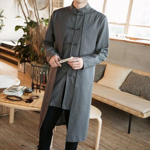 Chinese Style Tops 2021 News Coat Linen Embroidery Crane Long Gown Kung Fu Clothes Traditional Chinese Clothing For Men KK3422