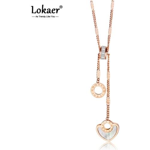Lokaer Roman Numeral Circle & Heart Stainless Steel Women Wedding Necklace Jewelry Fashion Lady Charm CZ Choker Necklace N18286