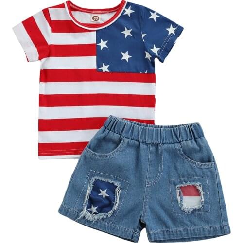 2021 2-7Y Kids Baby Boy Clothes Set Independence Day Stars and Striped Print Short Sleeve T-shirt+Patch Denim Shorts Summer 2pcs