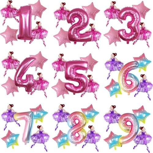 5pcs pink purple Ballerina Ballet Dancer Girls Foil Helium Balloons Girls 2 3 4 5 6st Happy Birthday Party Decorations Supplies