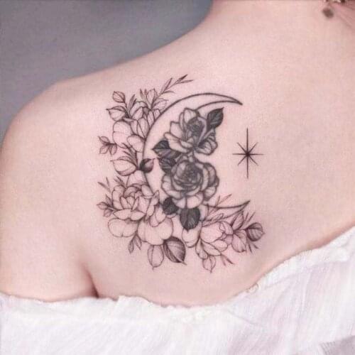 Black Moon And Flowers Temporary Tattoo Stickers For Shoulder Arm Body Art Waterproof Fake Tattos Flash Party Decals Tatoos