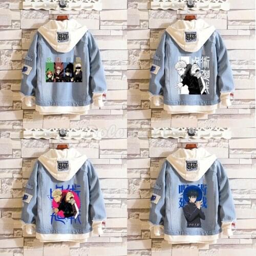 Anime Jujutsu Kaisen Yuji Itadori Gojo Satoru Jeans Jacket Cosplay Costume Teens Cartoon Printing Denim Hoodies Coat C65M195