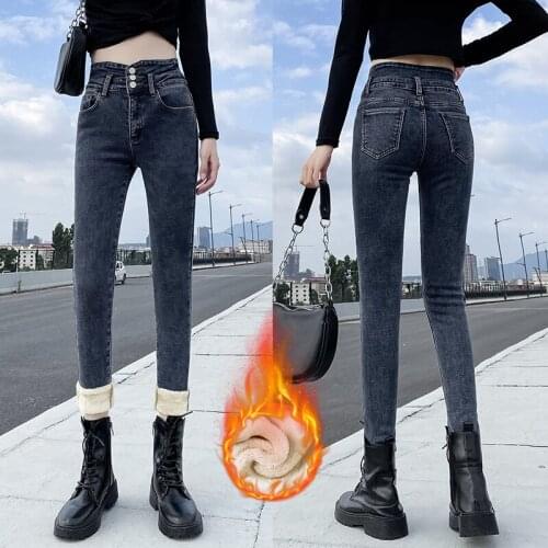 Varofi Winter plush high-waisted jeans high-bounce pants pencil pants mom jeans y2k pants woman jeans womens jeans