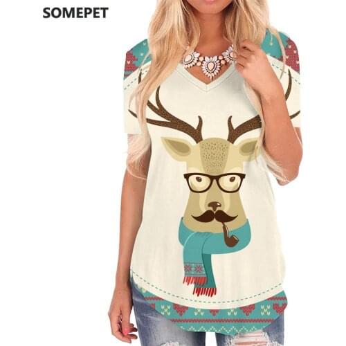 SOMEPET Christmas T Shirt Women Deer Tshirts Printed Animal V-neck Tshirt Snowflake Funny T shirts Womens Clothing Fashion