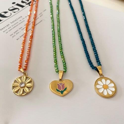 Delicate Stainless Steel New Jewelry PVD Gold Plated Frangipan/Tulip Flower Pendant Necklace Facet Crystal Elegant Necklace