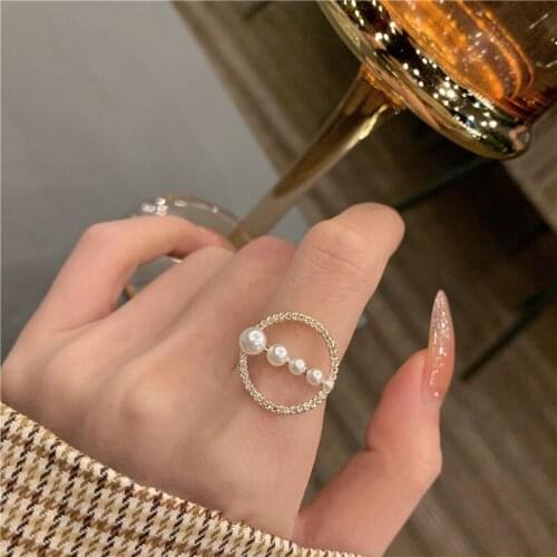 Exquisite Elegant Round Pearl Gold Opening Rings For Woman 2021 New Gothic Korean Fashion Jewelry Wedding Party Girls Sexy Ring