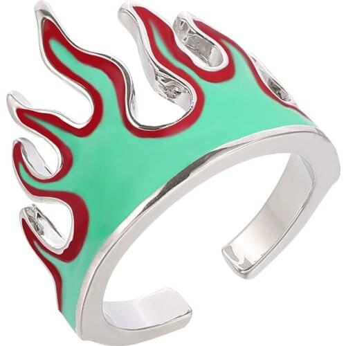 Yellow And Green Fire Flame Enamel Ring Goth Women Metal Charms Vintage Punk Jewelry Couple Opening Rings Accessories Gifts