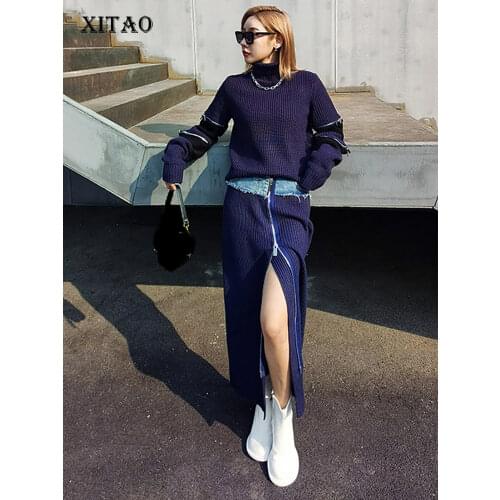 XITAO Two Piece Set Women Fashion New Pullover Patchwork Knitted Top Elastic Waist Split Skirt 2020 Winter Minority ZY1813