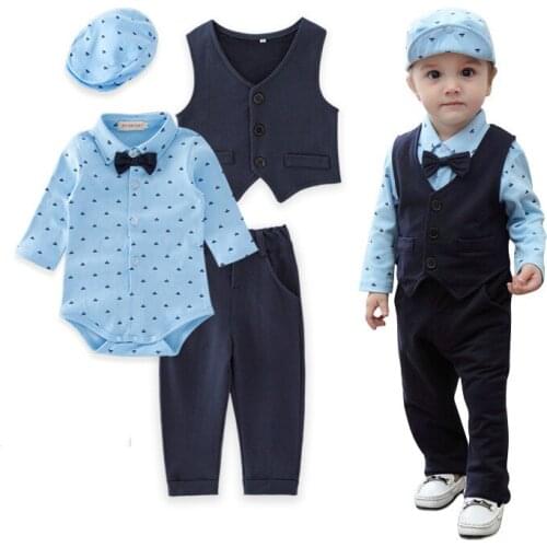 Boy Clothes Sets Gentleman Suit Baby Rompers + Vest+ Pants+Hat Long Sleeve Children Boys Clothing Sets Kids Clothes