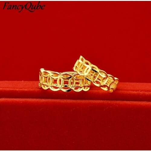 Fashion Couple Rings Retro Money Coin Design Hollow Minimalism Gold Jewelry For Men And Women Wedding Engagement Statement Gift