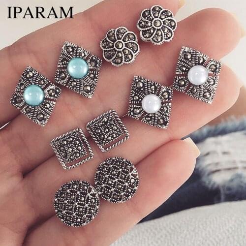 IPARAM 5 Pairs / Set Bohemian Jewelry Opal Earrings Set Female Geometric Carved Shining Blue White Crystal Earrings