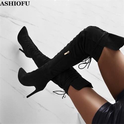 ASHIOFU New Wholesale Handmade Womens Thigh High Boots Party Prom Dress Over Knee Boots Winter Sexy Evening Fashion Long Boots