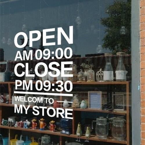Open Close Time Business Hours Glass Door Stickers Welcome Sign Poster Coffee Tea Shop Decor Window Decoration Wall Stickers