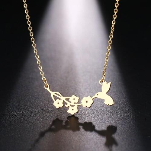 DOTIFI Stainless Steel Necklace For Women Man Bird And Flower Gold And Silver Color Pendant Necklace Engagement Jewelry
