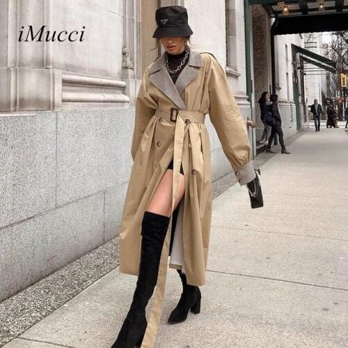 IMucci Khaki Korean Fashion Coats Women Triple Breasted Patchwork Design Women Windbreaker 2020 Autumn Adjustable Waist Trench