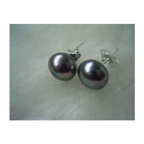 NEW HOT 10-11 mm Tahitian Black Pearl Stud Earrings 925 sterling silver