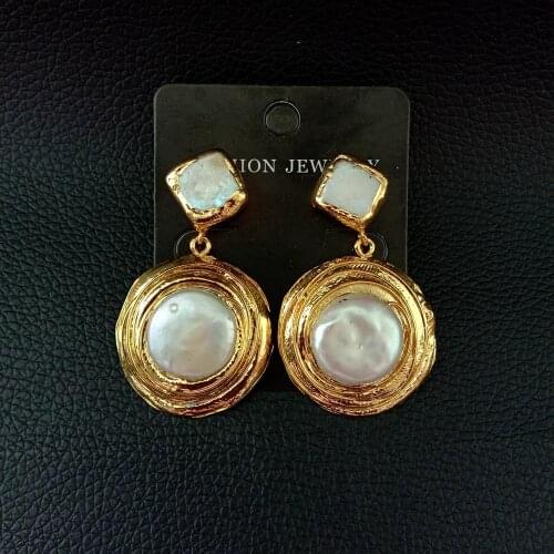 YYGEM White Coin Keshi Pearl 24K Gold Plated Post Earrings Luxury for women
