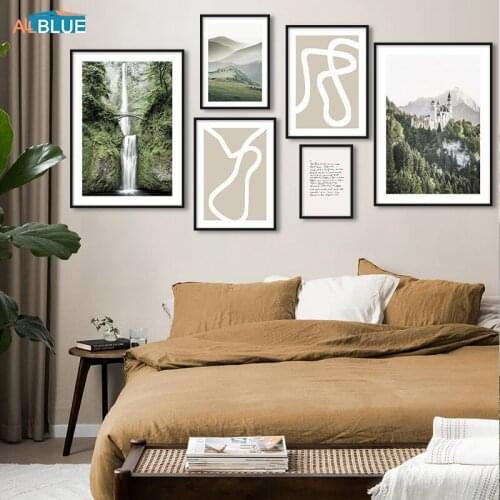 Scandinavian Nature Landscape Poster Print Green Mountain Swan Castle Wall Art Canvas Painting Quote Abstract Decoration Picture