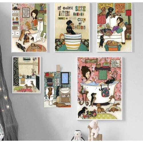 Modern Nordic Style Toilet Dog Animal Bath Poster Funny Cartoon Wash Picture Woman Read Book Bathroom Home Decor Canvas Painting