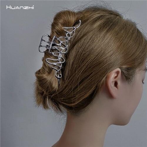 HUANZHI 2021 New Trendy Metal Silver Color Geometric Irregular Hairpin Hollow Shark Clip for Women Hair Style Make Accessories