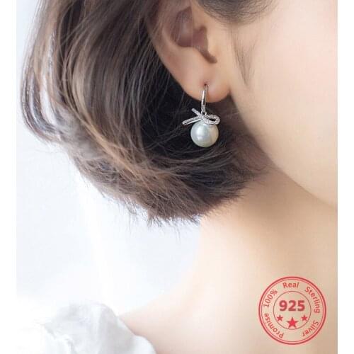 100% S925 silver bow womens Korean edition earrings set with diamond 2020New red and white shell pearl synthetic Pearl earring