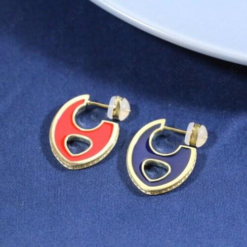 SLJELY 1pc Brand S925 Sterling Silver Small Red / Navy Enamel Hollow Out Oval Single Earring Paved Zircon Women Fashion Jewelry