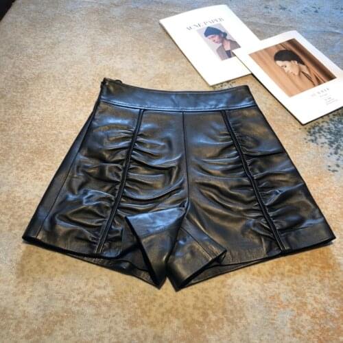 Women Shorts 100% Sheepskin Genuine Leather 2021 Fashion Female Short Design A Real Slim Hip Elastic Waistband H611