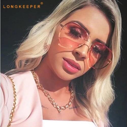 LongKeeper Rimless Sunglasses Women Brand Designer Sun Glasses Gradient Shades Cutting Lens Ladies Frameless Metal Eyeglasses