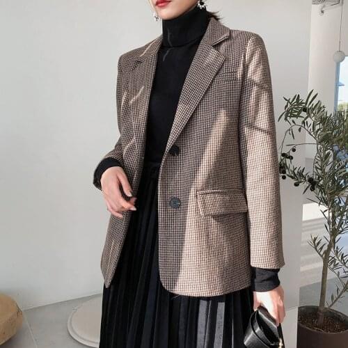 Women Plaid Woolen suit Female Autumn new feminino retro plaid suit jacket straight casual Woolen jacket Suits Slim Blazer