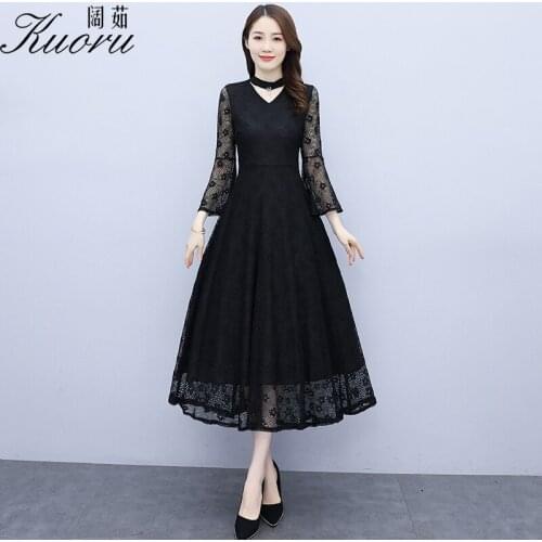 Autumn Dresses For Women Party Red Lace Dress Midi V Neck Black Long Sleeve Vintage Robe Femme Chic Vestidos De Mujer Casual
